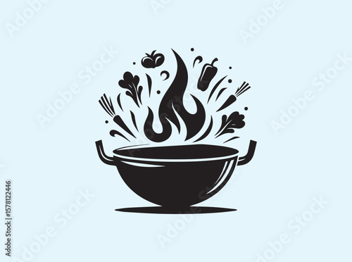 Black silhouette of deep wok with flames, steam, and flying vegetables
