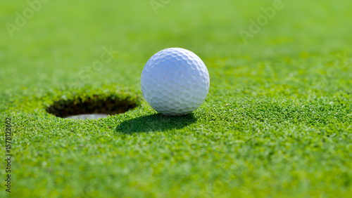 Close-up golf ball at the hole with green grass background 