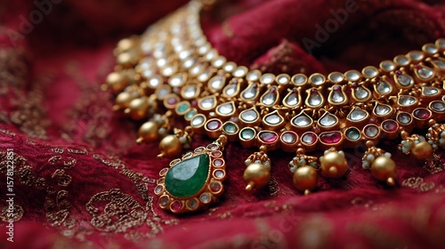 Traditional Pakistani bridal necklace set Kundan and Polki style gold plating with red and green stones macro close up on bridal dupatta background wedding jewelry