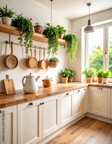 Bright Kitchen with Green Plants and Wooden Countertop