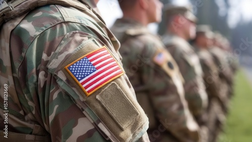 Patriotic display of US soldiers in camouflage uniform with American flag