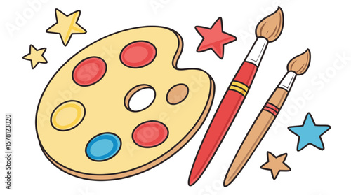 Cartoon Artist Palette and Paintbrushes Illustration