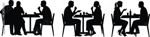 Silhouettes of people dining in restaurant, couples eating, drinking, talking, social interaction at table, romantic dinner, food, drink.
