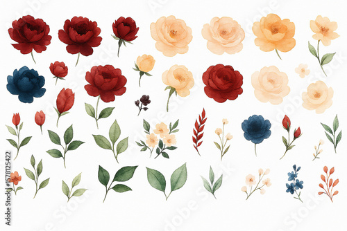 Set of watercolor arrangements featuring garden roses — a collection of pink flowers, leaves, and branches. Botanical illustrations isolated on a white background.