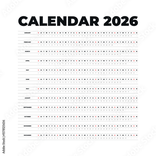 Vector illustration. Square simple linear annual english calendar planner for New Year 2026. Week starts on Sunday. Schedule template with months. Printable agenda organizer. Black text on white