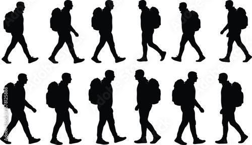 Silhouette vector set of man walking with backpack, travel hiker poses, hiking tourist icon collection for outdoor activity design.