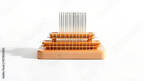 Close up of a hackle tool used for preparing wool fibers with metal pins and wooden base on white