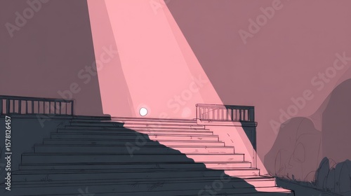 A stylized, dimly lit, stone staircase