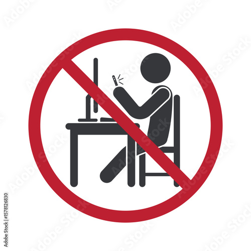 Isolated prohibition sign of a person using smartphone in workspace, representing office rule, restricted phone use, and professional working environment regulation.