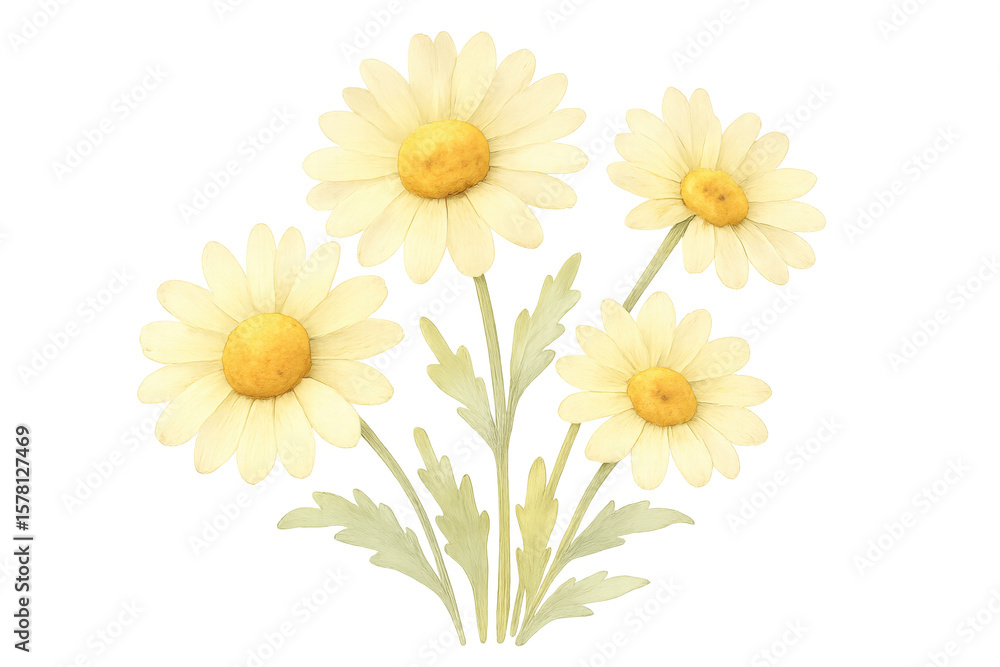 Naklejka premium Watercolor painting of four light yellow daisies with stems and leaves isolated on a transparent background