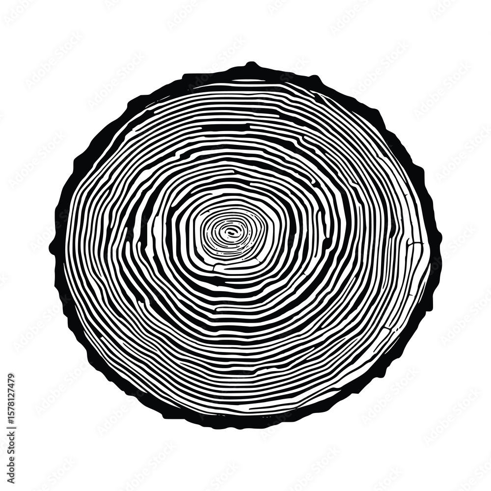 Fototapeta premium Log cut, vector illustration, tree rings pattern, shades of gray