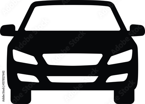 Front view car silhouette, modern auto icon, black sedan clipart, minimal vehicle vector, transportation symbol, automotive design element.