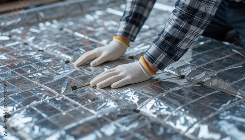 Gloved hands assemble reflective thermal insulation components meticulously