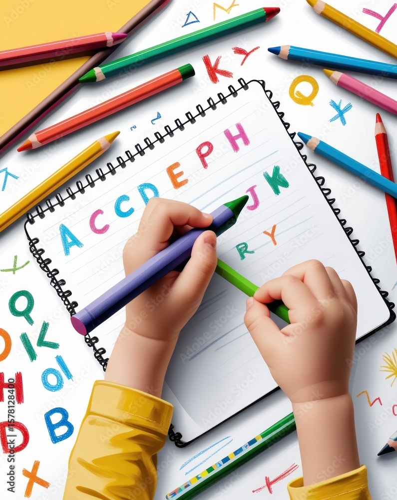 Child's Hands Learning Alphabet with Colorful Pencils Child's Hands Learning Alphabet with Colorful Pencils