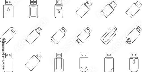 
A comprehensive set of minimalist outline icons, each depicting various types of flash drives and USB connectors, suitable for technology, data storage, or digital transfer themes.