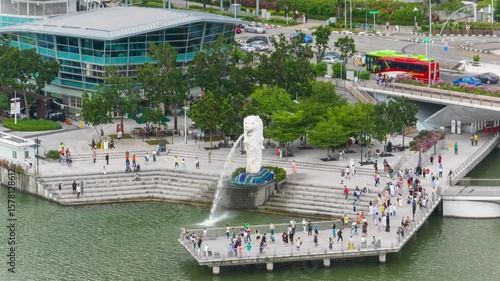 day time singapore city center famous fountain crowded bay square aerial panorama 4k timelapse