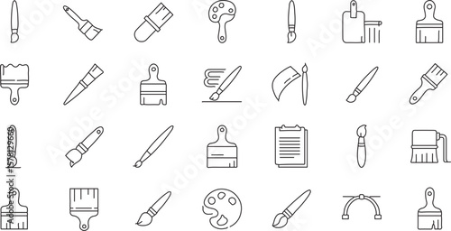 A comprehensive set of minimalist outline icons, each depicting various types of paintbrushes and art tools from different angles, suitable for art, painting, or creative themes.