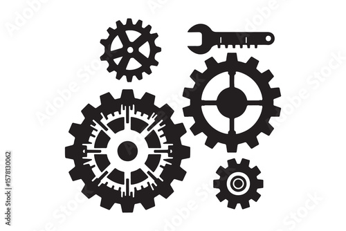 Gear set. Black gear wheel icons on white background - stock vector.