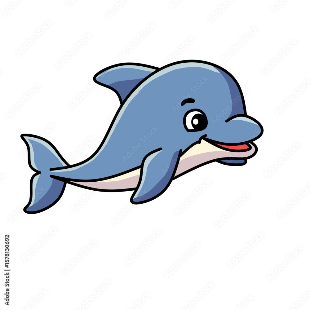 Fototapeta premium Cute cartoon dolphin smiling with open mouth. Friendly and playful marine animal in a cheerful pose. Perfect for kids designs or sea-themed illustrations