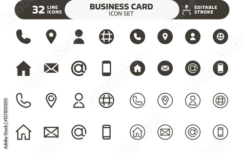 Business card icon set. Thin line editable stroke and flat icons for contact information, personal branding, address, email, phone number, location and social media profiles
