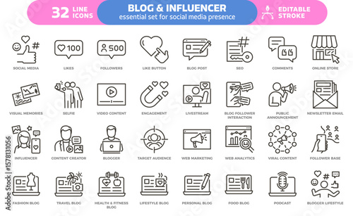 Blog and influencer icon set. Thin line editable stroke icons for social media, content creation, online presence, engagement, blogging, marketing, followers and lifestyle branding