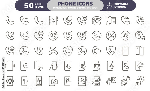 Phone and smartphone icon set. Thin line editable stroke icons. Calls, communication, messaging, smartphone apps, telecommunication, mobile services, customer support, digital communication.