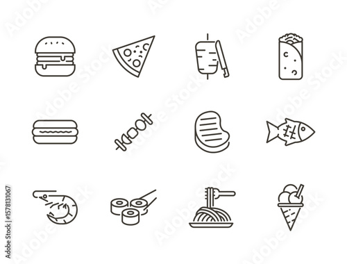Street food and restaurant icon set. Thin line editable stroke icons for fast food, global cuisine, delivery apps, takeaway, menus and culinary branding
