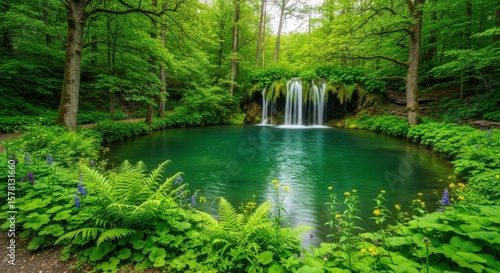 Serene Forest Waterfall with Emerald Pool Amidst Lush Greenery