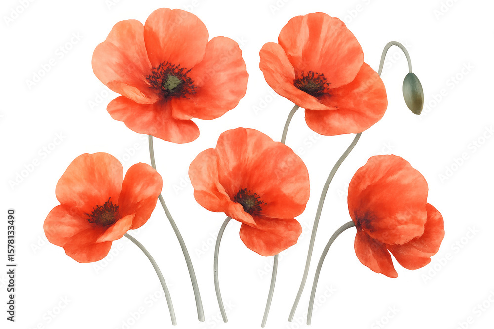 Obraz premium Watercolor painting showcasing five red poppies with stems and a closed bud, isolated on a transparent background