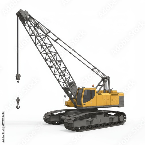 Yellow Heavy Construction Crane with Large Hook on White Background