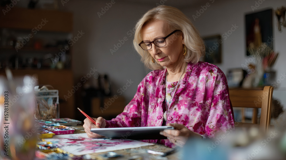 Fototapeta premium Artistic Expression Senior Woman Painting in Cozy Studio Creative Process Indoor Setting Close-Up Perspective Passion for Art