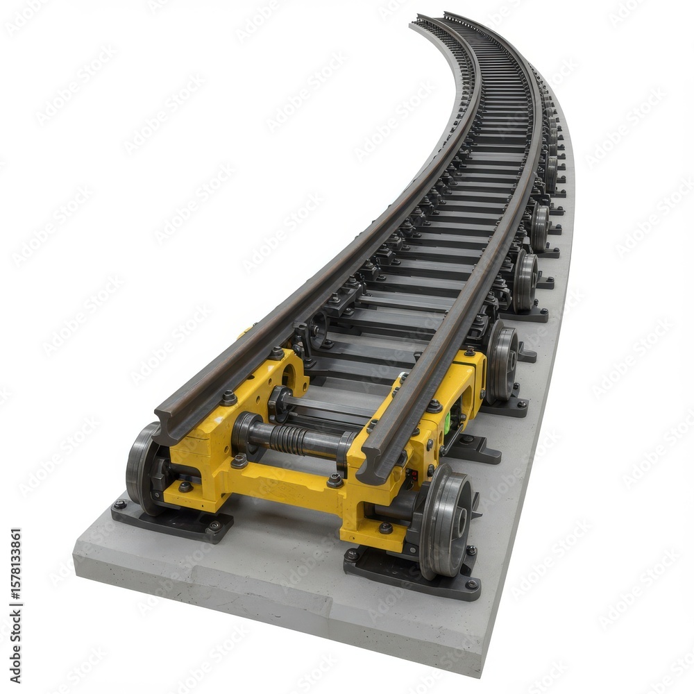 Fototapeta premium Curved Railroad Track with Wheels and Support Infrastructure Design