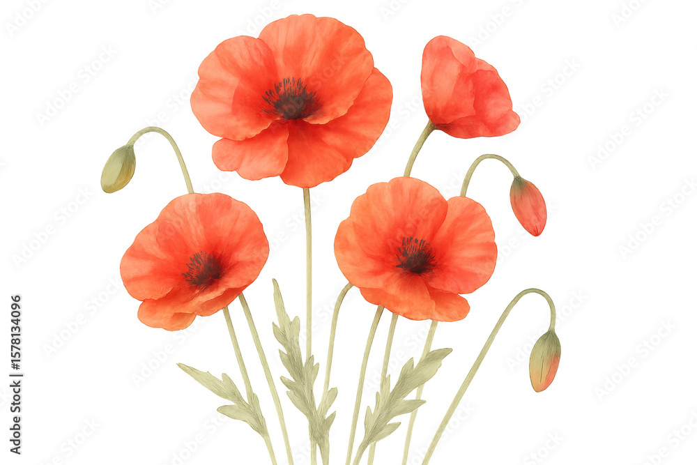 Obraz premium Beautiful red poppy flowers blooming, isolated on transparent background, perfect for design projects