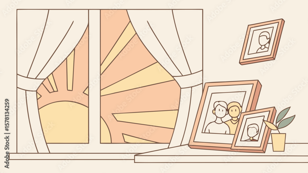 Cozy home scene with framed family photos and sunrise visible through the window Cozy home scene with framed family photos and sunrise visible through the window