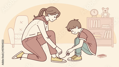 Mother helping her son tie his shoelaces in a cozy living room