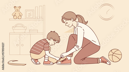 Mother teaching her son how to tie shoelaces in a cozy room