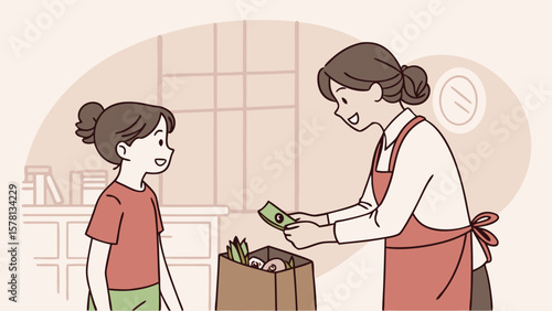 Smiling mother gives money to daughter for groceries in a shopping bag