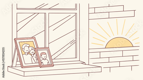 Two framed family photos sit on a windowsill with a stylized sunrise outside