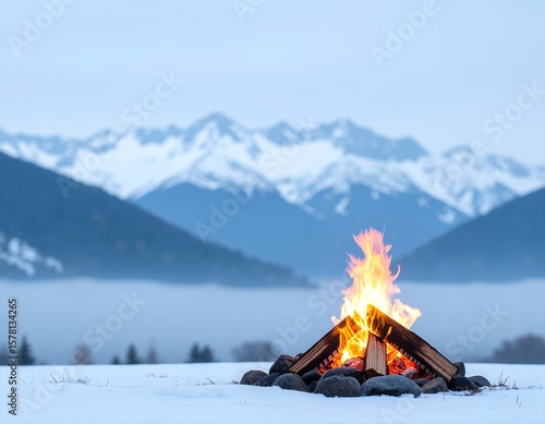 A vibrant campfire crackles in the snow, surrounded by tall, snow-dusted pine trees, with majestic mountains rising in the background under a clear blue sky.