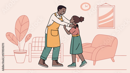 Father and daughter hugging warmly in a cozy living room with plants and furniture