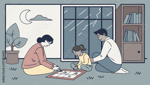 Family playing tic tac toe game on the floor indoors at night