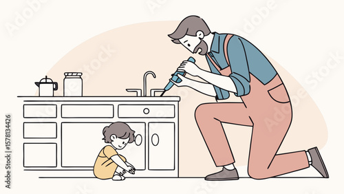 Father and child in the kitchen father fixing the sink while child watches