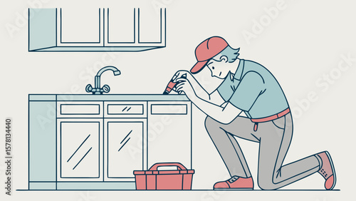 Plumber kneeling and repairing a kitchen sink and cabinets with a toolbox