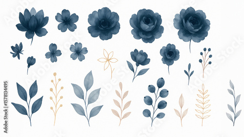 Set of watercolor arrangements featuring garden roses — a collection of pink flowers, leaves, and branches. Botanical illustrations isolated on a white background.