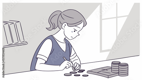Young girl carefully counting coins and organizing them on a table