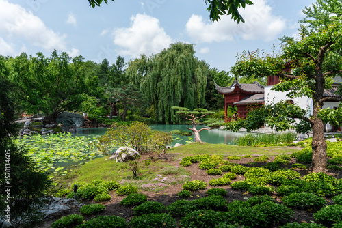 Traditional Chinese Garden with Pavilion and Lotus Pond at Montreal Botanical Garden