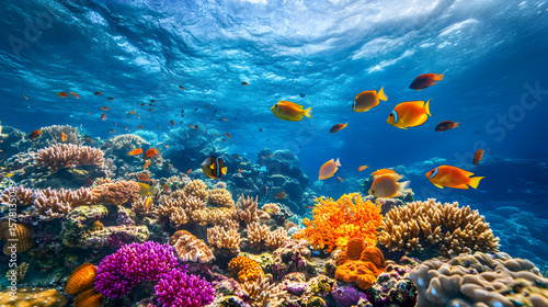 Coral Reef Fish Underwater Scene, Beautiful blue ocean with vibrant coral reef and tropical fish swimming, colorful sea life in a marine environment, undersea ecosystem wildlife adventure background