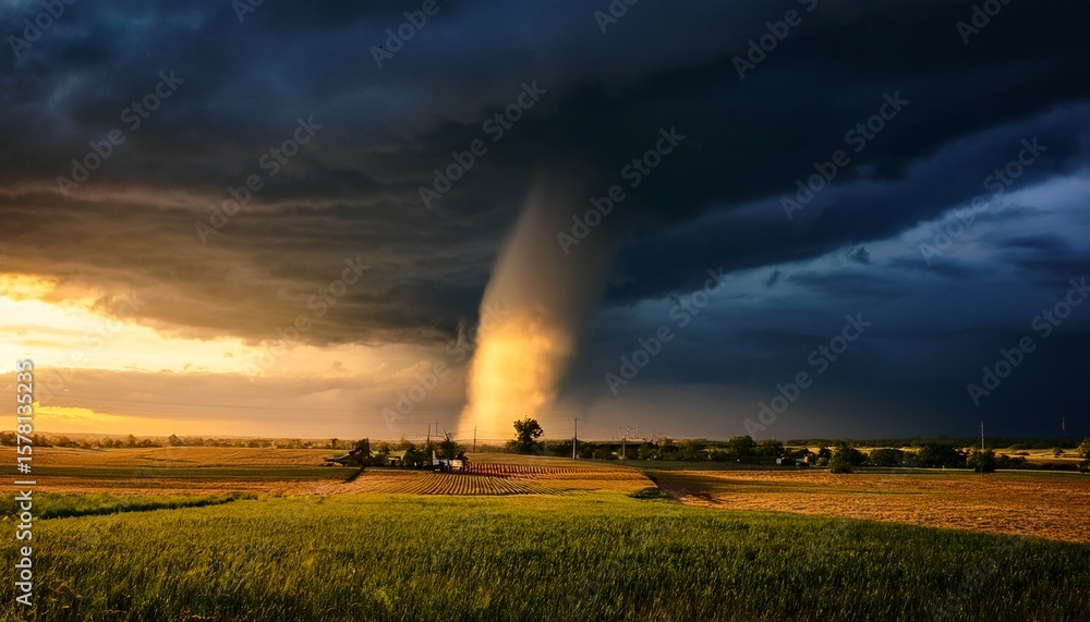 Obraz premium powerful tornado touching down on rural landscape during dramatic sunset with dark clouds and rays of light illuminating the scene