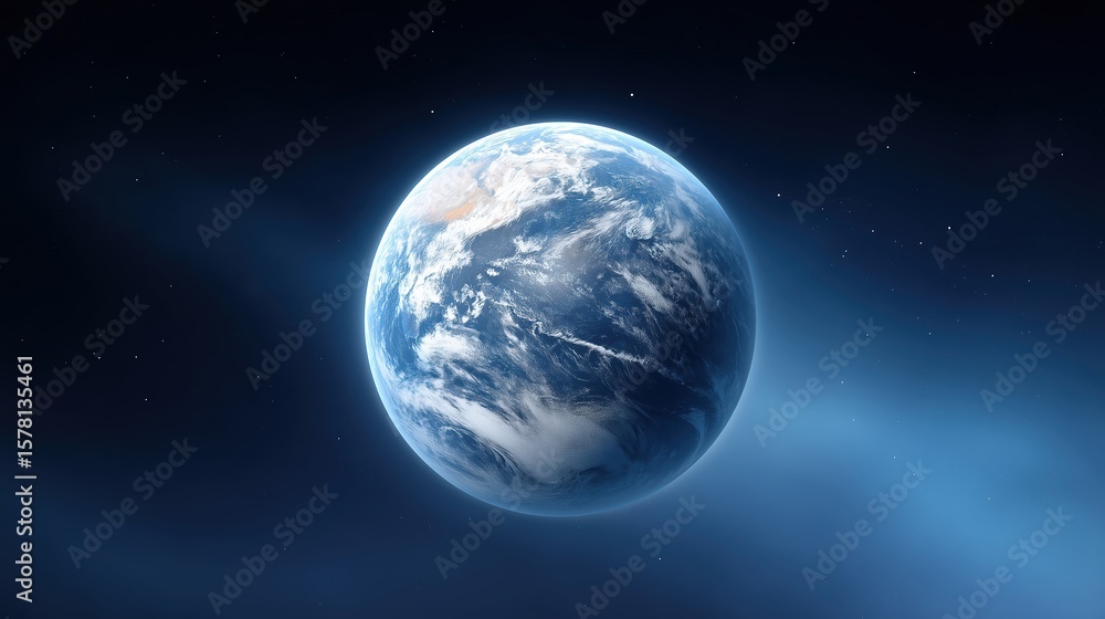 Fototapeta premium Earth viewed from space, showcasing vibrant blue oceans, swirling white clouds, and a dark starry background, representing the beauty and fragility of our planet in the cosmos