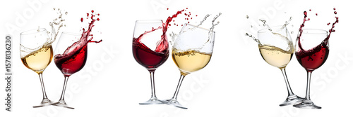 group of  Two wine glasses clinking, red and white wine splashing, isolated on white background